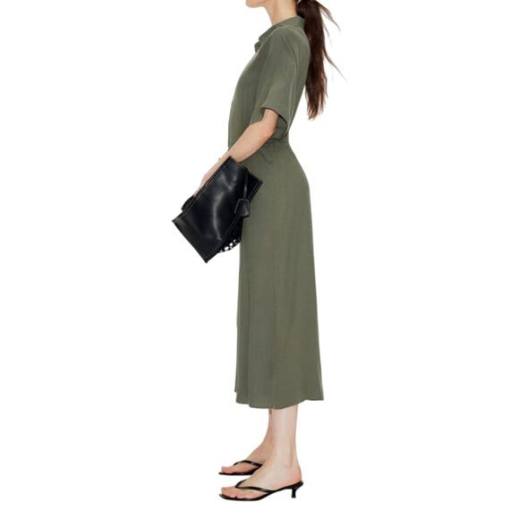 H&M Women's Medium Green Short Sleeve Tie-Belt Collar Button Up Midi Shirt Dress - Picture 3 of 6